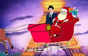 Extrait d'un dessin animé montrant Frank Sinatra avec le Père Noël dans son traineau volant devant la Tour Eiffel