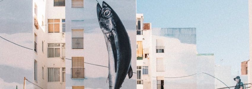 Fresque murale sur plusieurs immeubles : pêcheur à la ligne venant de prendre un poisson