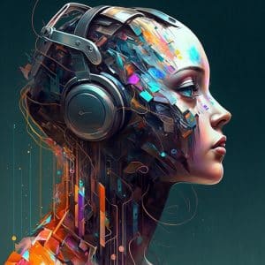 Portrait de femme écoutant au casque de la musique créée par intelligence artificielle