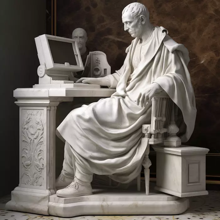 Sculpture romaine d'un homme et son ordinateur
